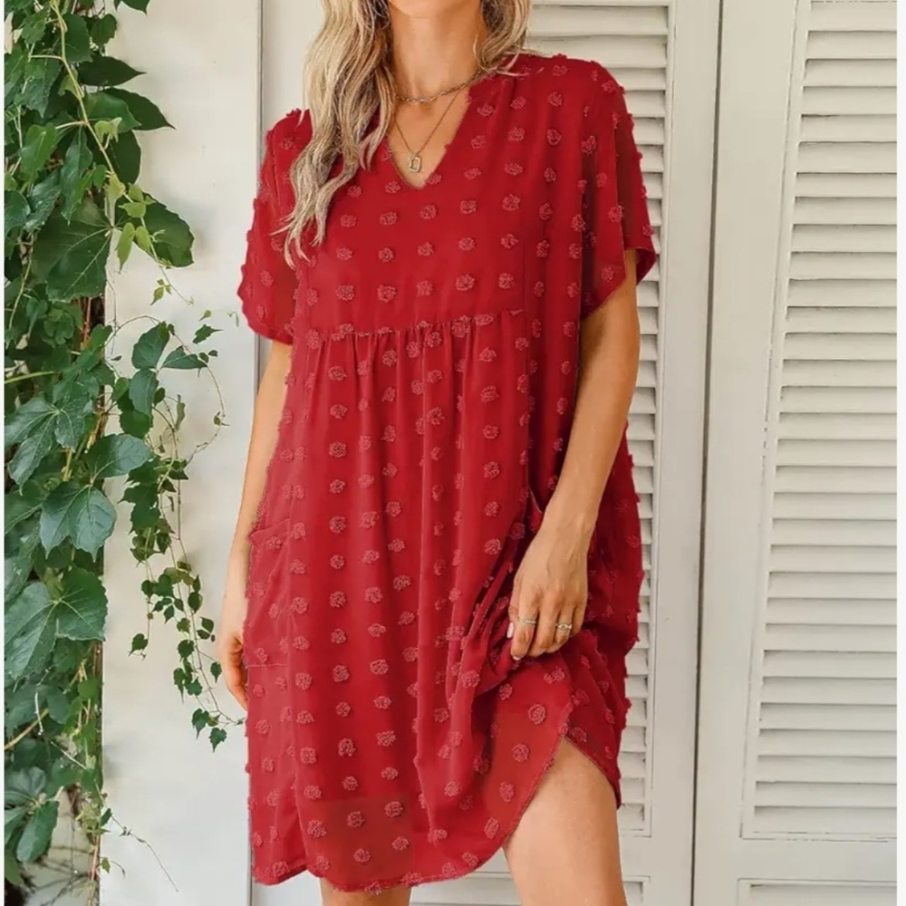 NWT Red V-Neck Midi Dress with Textured Dot Detail Womens XL